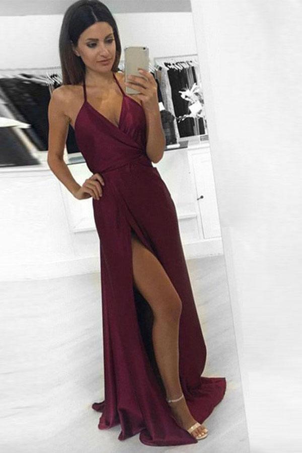 Sexy A-line Halter Burgundy Long Prom Dress Formal Evening Dress PG401 - Tirdress
