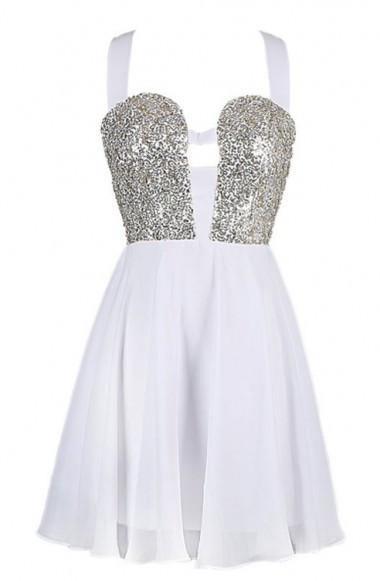 Sexy A-line Straps Knee Length Chiffon Homecoming Dress With Sequins TR0155 - Tirdress