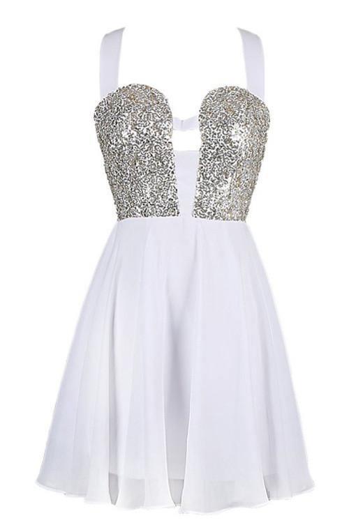 Sexy A-line Straps Knee Length Chiffon Homecoming Dress With Sequins TR0155 - Tirdress