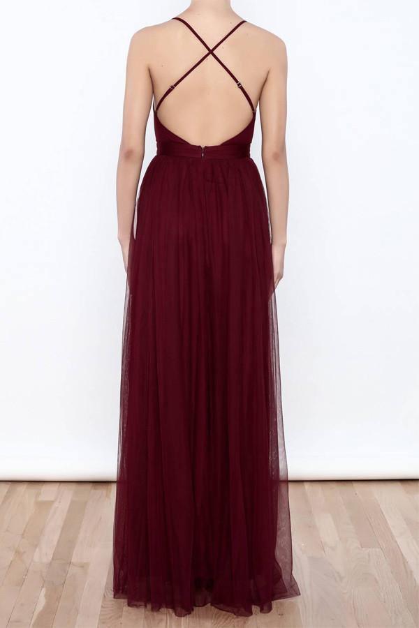 Sexy Deep V Neck Tulle High Slit Burgundy Prom Dresses Evening Dresses PG373 - Tirdress