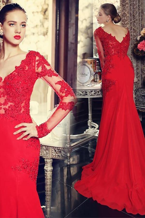 Sexy Mermaid Long Sleeves Sweep Train Prom Dresses With Lace Appliques PG333 - Tirdress