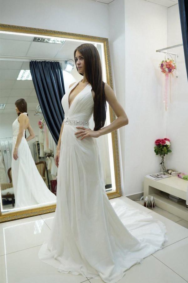 Sheath Halter Backless Sweep Train Wedding Dress with Beading WD078 - Tirdress