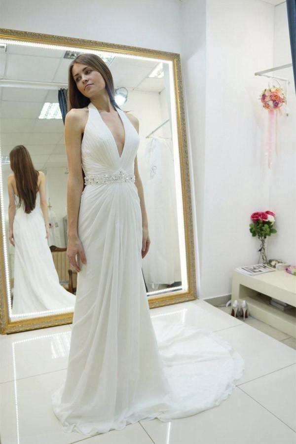 Sheath Halter Backless Sweep Train Wedding Dress with Beading WD078 - Tirdress