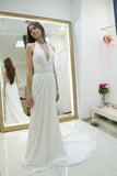 Sheath Halter Backless Sweep Train Wedding Dress with Beading WD078