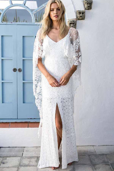 Sheath V-Neck Backless Wraps Lace Beach Wedding Dress with Split Tn223 US6 / Ivory