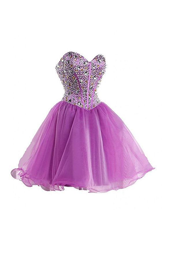 Short Purple Tulle Homecoming Dresses Short Prom Dresses With Beading TR004 - Tirdress