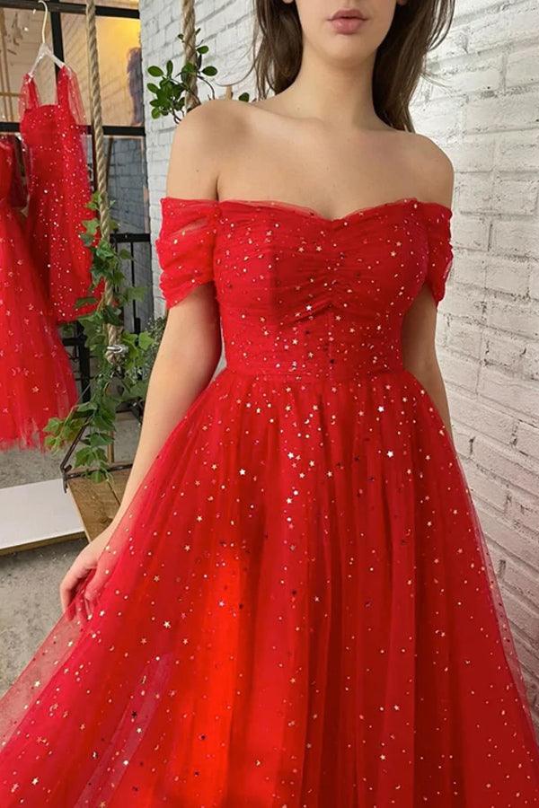 Simple Red Off Shoulder Tulle Long Prom Dress Red Evening Dress TP1130 - Tirdress