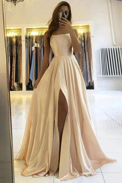 Simple A-line Satin Long Prom Dress Formal Dress With Split US4 / Custom Color