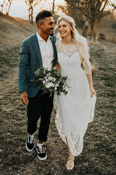 Simple Long Sleeves Lace Backless Rustic Wedding Dress TN277 US12 / Ivory Simple Long Sleeves Lace Backless Rustic Wedding Dress TN277 US12 / Ivory