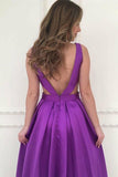 Simple V-Neck Sweep Train Grape Satin Prom Dresses Evening Dresses PG477 - Tirdress