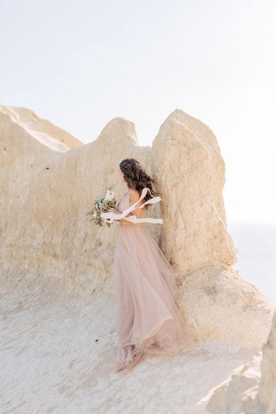 blue dress for baby girl Simple V-Neck Tulle Open Back Bridal Gown Beach Wedding Dress TN215 US18 / Custom Color