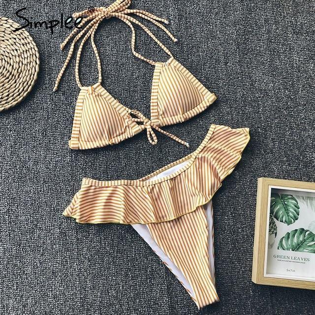 Simplee Striped ruffled bodysuits Triangle push up two piece beach