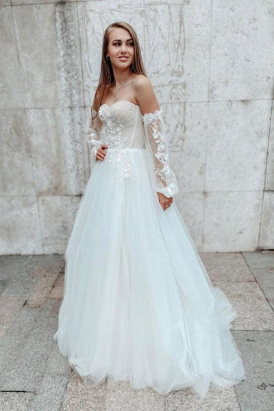 Sweetheart A-line Lace Detachable Sleeves Lace Wedding Dress TN287 US18 / White Sweetheart A-line Lace Detachable Sleeves Lace Wedding Dress TN287 US18 / White