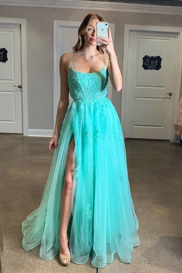 Spaghetti Straps Split Evening Dress Appliqued Backless Long Prom Dress TP1113 - Tirdress