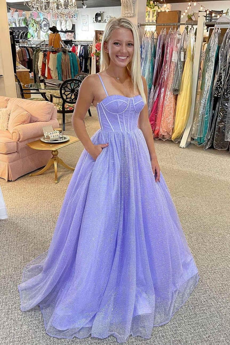 Sparkly Tulle Sweetheart Lavender Straps Long Prom Formal Dress TP1169 - Tirdress