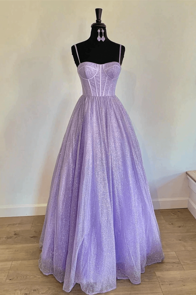 Sparkly Lilac A Line Prom Dresses Spaghetti Straps Sequin Evening Dress TP1116 - Tirdress