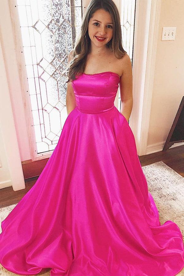 Strapless Fuchsia Satin Long Prom Dresses Evening Dresses With Pockets TP1095 - Tirdress
