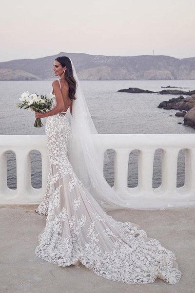 Elegant A-line V Neck Lace Appliques Wedding Dresses With Long Sleeves –  Tirdress