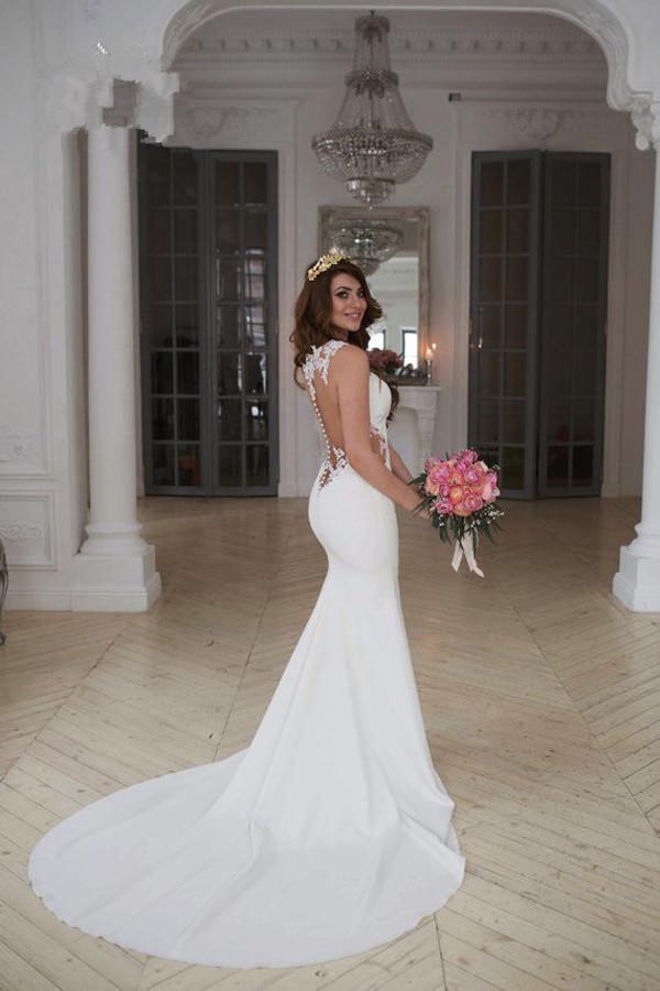 Stunning Mermaid Sleeveless Lace Wedding Dress Zipper Button WD041 - Tirdress