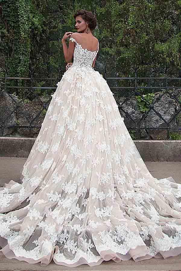 Stunning V-Neck Cap Sleeves Ball Gown Floor Length Wedding Dress TN0050 - Tirdress