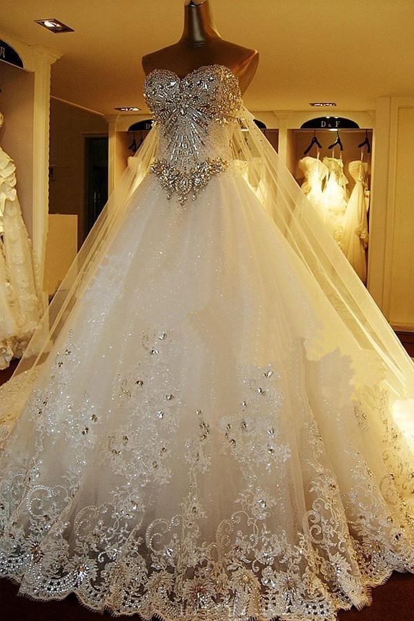 Sweetheart Ball Gown Watteau Train Wedding Dress with Appliques Beading WD022 - Tirdress