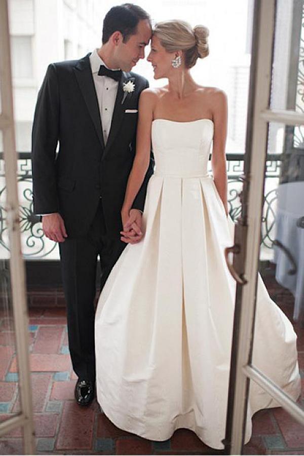 Sweetheart Court Train Ivory Satin Wedding Dress with Ruched WD122 - Tirdress