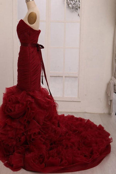 Sweetheart Mermaid Tiered Train Organza Wedding Dress with Sash US0 / As Picture