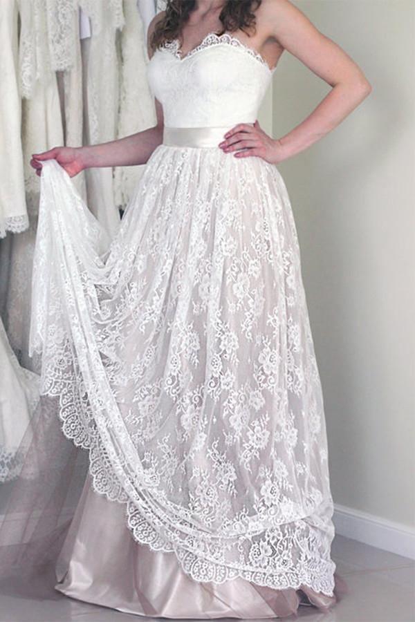 Sweetheart Sleeveless Long White Wedding Dress with Lace WD053 - Tirdress
