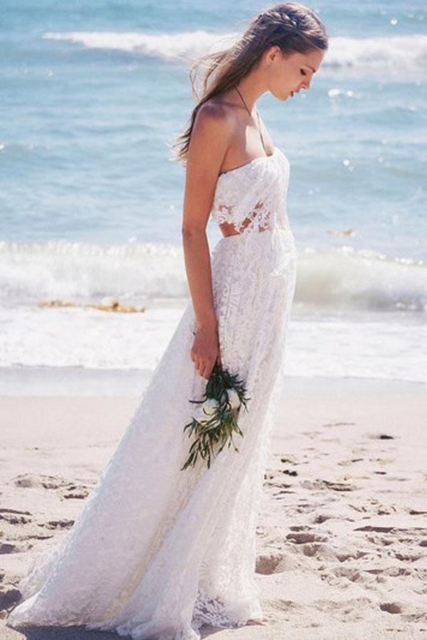 Sweetheart Strapless Lace Long Beach Wedding Dresses WD130 - Tirdress