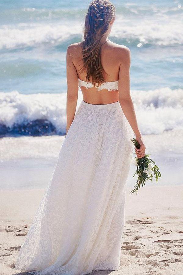 Sweetheart Strapless Lace Long Beach Wedding Dresses WD130 - Tirdress
