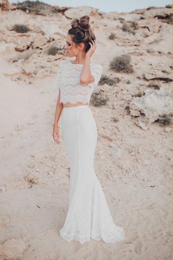 2 piece beach wedding dress Two Crew Short Sleeves White Lace Mermaid TN153 US8 / White Bohemian Wedding Dress Style Features: Cooling Color:LEOPARD Royal Blue Mother Of