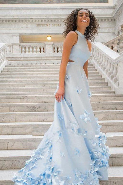 Two Piece Flowers Appliques Light Sky Blue Prom Dress TP0886 US12 / Custom Color Two Piece Flowers Appliques Light Sky Blue Prom Dress TP0886 US12 / Custom Color