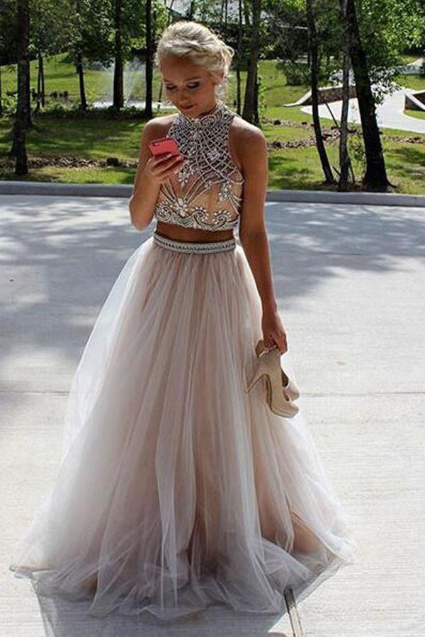 Two Piece High Neck Sleeveless Floor-Length Prom Dresses Evening Dresses PG371 - Tirdress