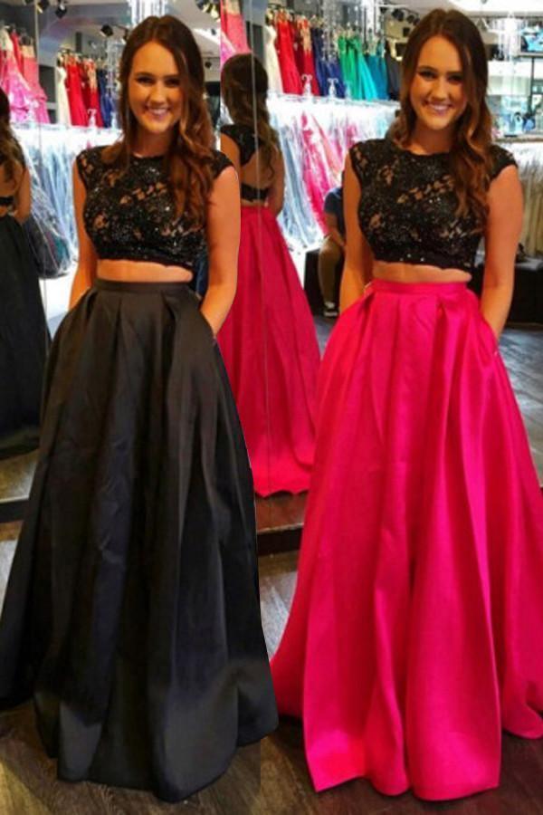 Two-piece Cap Sleeves Open Back Floor-Length Prom Dress Evening Dress PG294 - Tirdress