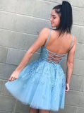 V-neck A-line Homecoming Dresses Tulle Appliqued Blue Gowns HD0144 - Tirdress