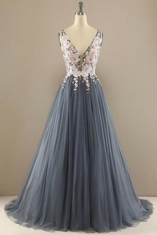 V Neck A-line Tulle Prom Dress Floral Lace Formal Dress TP1155 - Tirdress