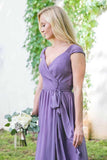 V-Neck Cap Sleeves Lace-Up Purple Long Chiffon Bridesmaid Dress BD042 - Tirdress