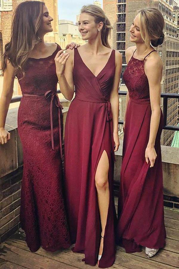 V-Neck Floor-Length Grape Chiffon Bridesmaid Dress wtih Split BD036 - Tirdress