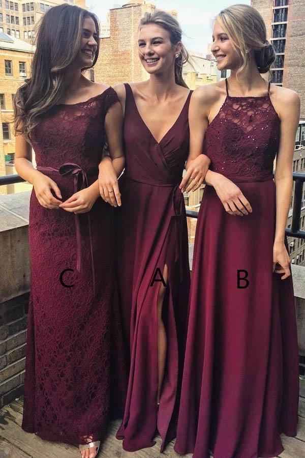 V-Neck Floor-Length Grape Chiffon Bridesmaid Dress wtih Split BD036 - Tirdress