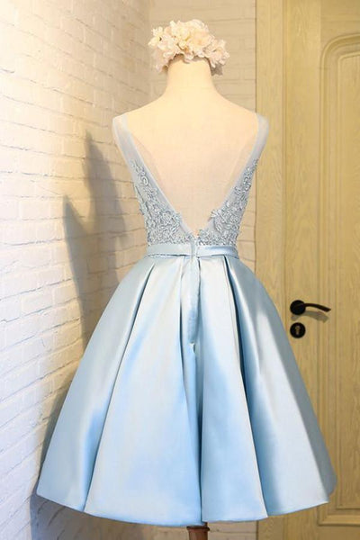 V-Neck Knee-Length Light Blue Satin Homecoming Dress With Appliques US10 / As Picture