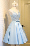 V-Neck Knee-Length Light Blue Satin Homecoming Dress With Appliques TR0179 - Tirdress