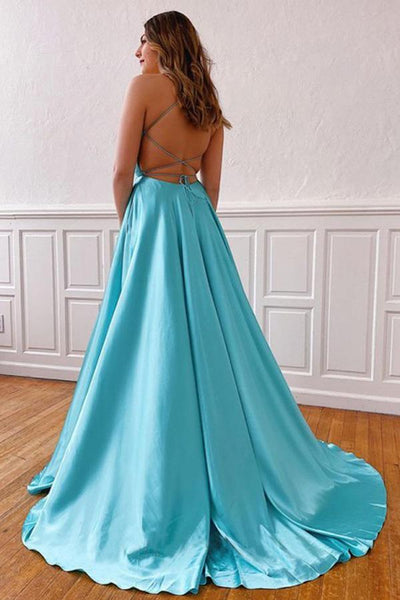 Tirdress V Neck Sleeveless Split Tiffany Blue Cross Back Prom Evening Dress Custom Size As Picture
