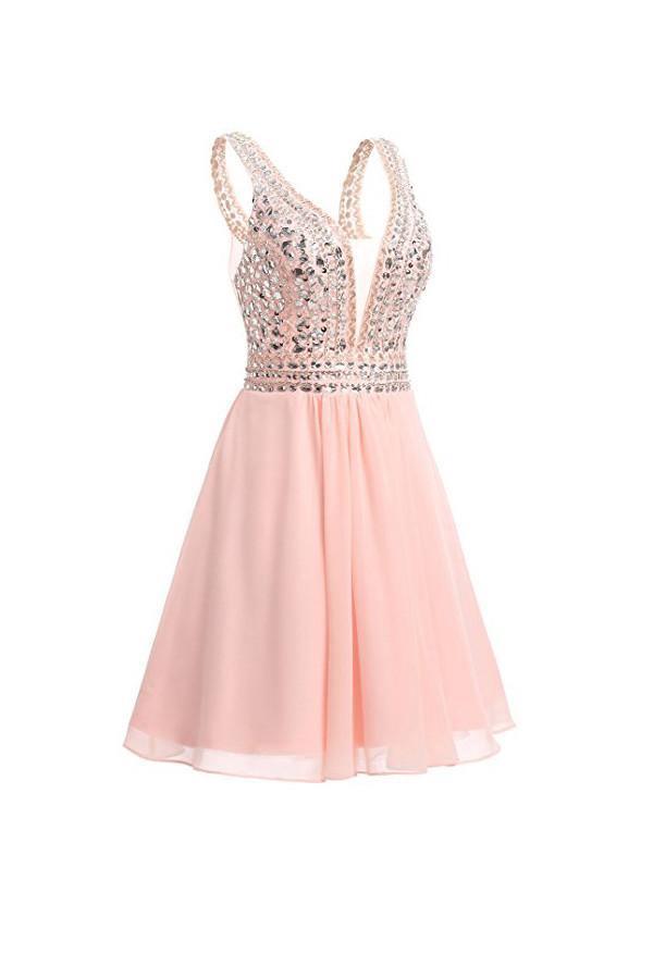 V-neck Beads Chiffon Homecoming Dress Short Prom Dress PG089 - Tirdress