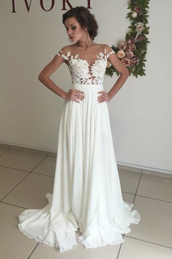 V-neck Cap Sleeves Sweep Train Ivory Wedding Dress with Appliques WD002 - Tirdress