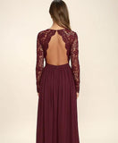 V-neck Long Sleevs Dark Burgundy Lace Chiffon Prom Dress Evening Dress PG409 - Tirdress