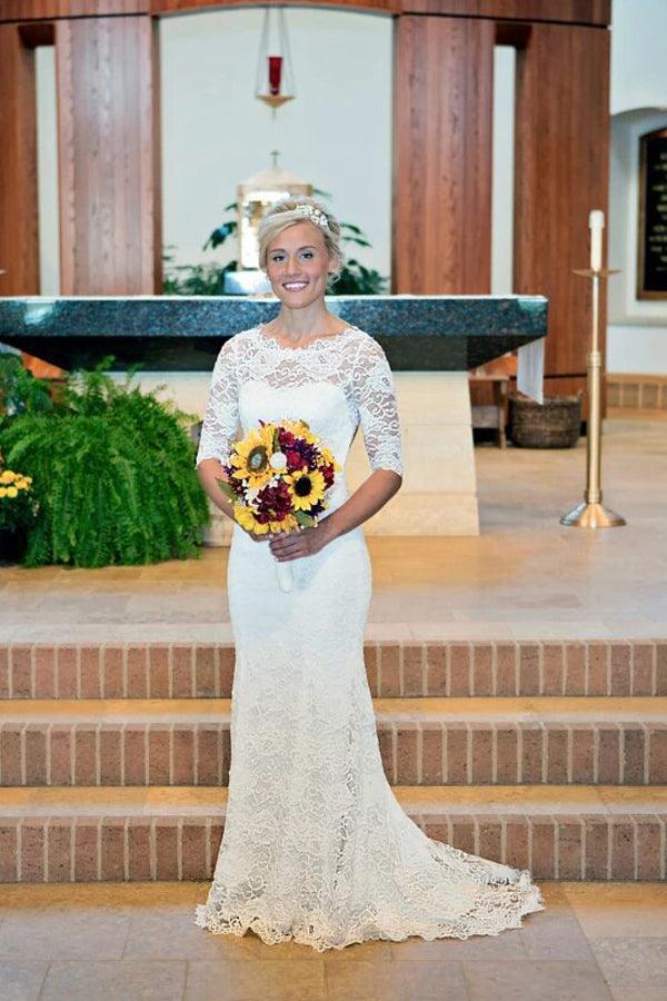 Vintage Mermaid Scoop Keyhole Back Lace Long Sleeves Wedding Dress TN0045 - Tirdress