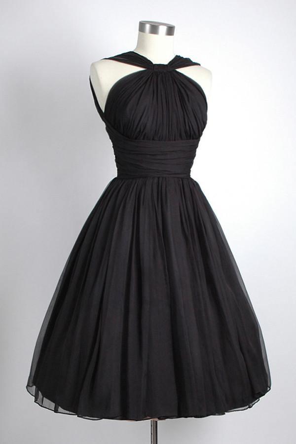 Vintage Knee-Length Sleeveless Open Back Black Homecoming Dress Ruched TR0090 - Tirdress