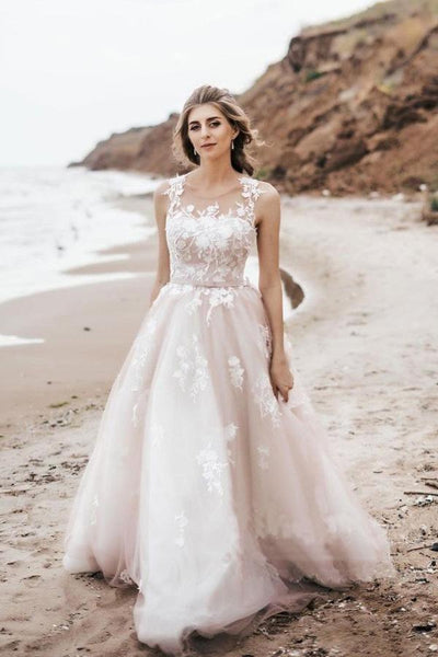 Vintage Lace Scoop Neckline Tulle Wedding Dress Bridal Gown TN263 US16 / White/Champagne