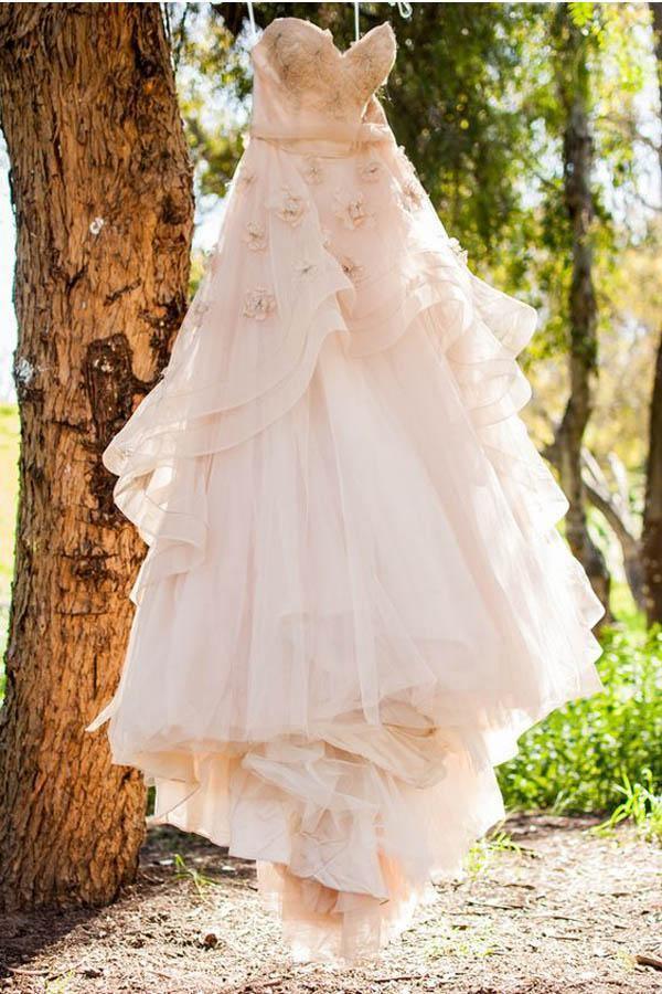 A-line Sweetheart White Tulle Modest Wedding Dress Floral Romantic