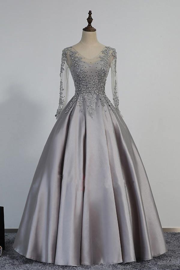 Vintage V-Neck Long Sleeves Appliques Beading Long Evening Dress PG364 - Tirdress